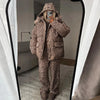 Women's Stripe Cotton Padded Coat Pant Set Loose Full Sleeve Hooded Zipper Jacket Elastic Waist Pants Winter Suits