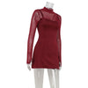 Sexy Women's Burgundy Mini Dress Turtleneck Transparent Long Sleeve A-line Short Dresses Evening Party Prom Cocktai