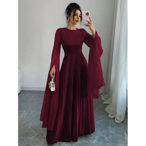 Women Elegant Floor Length Dress Pleated Long Sleeve O Neck Solid Middle East Style Evening Dresses For Party