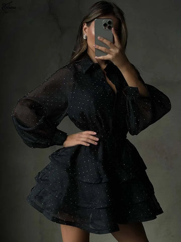 Black Rhinestone Women's Dress Casual Lapel Long Sleeve Button Dresses Elegant Lace-Up Pleated Mini Dresses