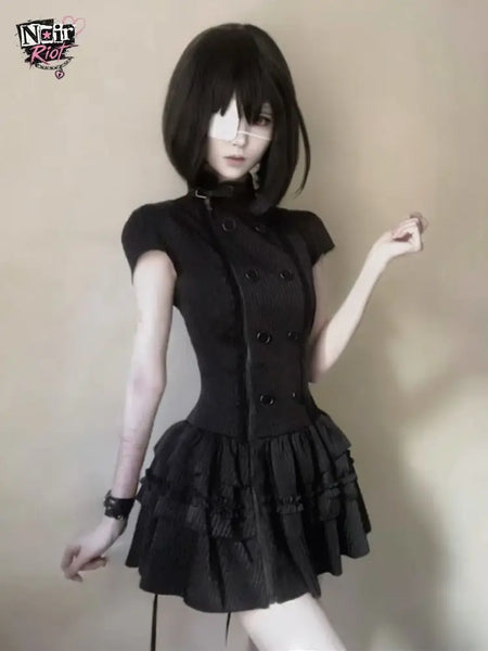 Gothic Lolita Y2K Women's Mini Dress Double Breasted Striped Ruffle Hem Slim Fit Harajuku Dark Cute Night Out Streetwear