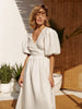 100% Cotton V-neck Waist Cinched Dress Unique Lantern Sleeve Sexy Slit Long Skirt Women's Casual Dresses
