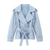 Solid Lace Up Short Windbreaker Women Elegant Full Sleeve Button Loose Chic Trench Coat Office Lady Daily Commute Outwear