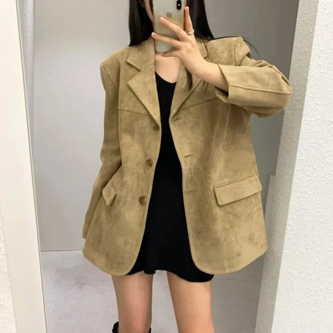Vintage Suede Autumn Winter Jacket Female Streetwear Loose Long Sleeve Lapel Outerwear with Shoulder Pad Suit Coat