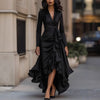 Evening Dress Women's Long Sleeve V Neck High Waist Slim Fit Ruffle Solid Color Elegant Party Spring Autumn Dress