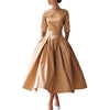 Elegant Pleated Pockets Dress for Women's Solid Round Neck Minimalist Pleated A-Line High Waist Evening Wedding Guest Dress