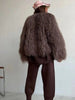 Brown Faux Fur Coat Women's Round Neck Loose Long Sleeves Thick Plush Short Jacket Winter 7A1041