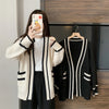 Autumn Vintage Mid Long Sweater Cardigan Woman Preppy Style Contrast Color Knitted Coat No Button Casual Street Open Outerwear