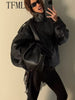 Winter Women Faux Leather Loose Jacket High Street Stand Collar Long Sleeve Coat Zipper Thicken Outwear