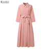 Plus Size Women Stylish Belted Pleated Maxi Dresses Long Sleeve Lapel Half Buttons Solid Color Long Dress Streetwear 5XL