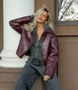 Womens Jacket Outerwears Cropped Faux Leather Jacket Autumn Long Sleeve Burgundy Bomber Jackets Casual Zipper Short Jacket