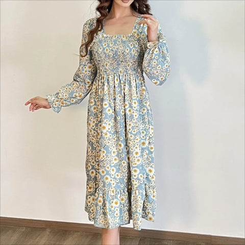 Autumn Spring Casual Dress Women Chiffon Dresses Long Sleeve A-line Printed Floral Elastic Chest Lace Up Midi Dresses Vestidos