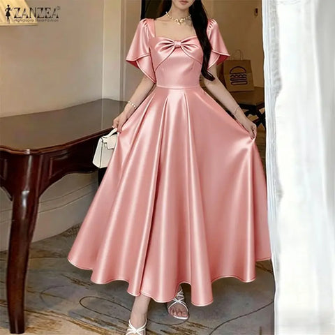 Women's Satin Maxi Dress Elegant Bow Detail Square Neck Short Petal Sleeve Party Long Dresses Graceful Wedding Guest Gwon