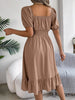 Solid Puff Sleeve Square Neck Ruched Bust Ruffle Hem Wasit Dress, Women's Clothing