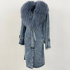 Lady Denim Jacket Mongolian Fur Collar Jacket Autumn Winter Long Trench Coat Fur Detachable Collar Fur Overcoats