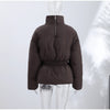 Glossy Stand‑Collar Drawstring Waist Back Zip‑Up Puffer Coat Winter Women Warm Padded Jacket Lady Cotton‑Padded Coat