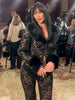 Sexy Jacquard Women 2 Piece Set Fur Patchwork Single-Button Jacket+Flare Pants Matching Midnight Party Clubwear Suits