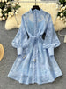 Women Elegant Floral Emboridery Dress Hollow Out Long Sleeve Single Breasted Belt French Court Chic Short A Line Dress