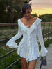 Women's Elegant Casual Dress Spring Deep V Neck Flared Sleeve Ruffled Lace Pleated Short Dress
