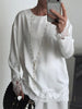 Women's Satin Short Dress Patchwork Lace Trim Crew Neck Long Sleeve Loose Dresses Spring Lady Casual Daily Chic Streetwear