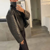 Solid Women's Jacket Stand-Collar Long-Sleeved Leather Grain Loose Female Jackets Autumn Lady Chic Streetwear