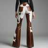 Western Cow Pattern Leather PU High Rise Bell Bottom Flare Pants Vintage Casual High Street Women's Trouser