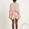 French Style Bubble Sleeve Mini Dress Woman Ruffle Solid Bright Satin Party Dress Spring Tie-up O Neck Pleated Dress