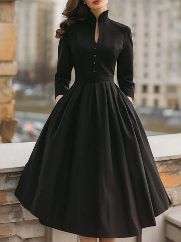 Women Black Stand Collar A-Line Dress Long Sleeves Buttoned High Waisted Pleated Elegant Cocktail Party Midi Dresses