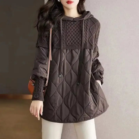 Down Cotton Jacket Comfortable Elegant Loose Women's Winter Parka Hooded Splicing Appear Thin Female Knitting Jacket