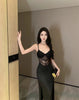 Women Black Lace Slip Dress Sexy Elegant Lady Style Evening Party Dress Slit Long Gown Mature Date Night Ladies Dresses