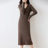 Women Pure Wool Sweater Dresses Long Sleeve Purllover 100% Merino Wool V-neck Knitwear Spring Autumn Grace Striped Dresses