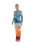 Women Gradient Tie Dye Printed Off Shoulder Long Sleeve Maxi Long Midi Bodycon Ruched Dress Sexy Party Club Dresses