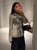 Women Chic Cropped Leopard Faux Fur Coat Contrast Black Fur Collar Cuff Button Short Furry Coats Lady Winter Chic Streetwear