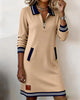 Autumn Winter Versatile Women's Dress Casual Contrasting Color Splicing Lapel Long-sleeved Loose Dress With Pockets