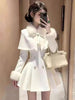 French Elegant Vintage Woolen 2 Piece Set Women Faux Fur Collar Cape + Fit Chic Dress Winter A-Line Retro Party Outfits