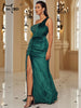 Wine Sequin Evening Dress Elegant Women One Shoulder Draped Split Wedding Party Prom Dresses Bridesmaid Wine Long Gown