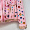 Long Sleeve Crystal Cowboy Rivets Tops Women Diamonds Beaded Pink Denim Coat Loose Rhinestones Jeans Jacket
