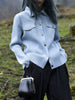 Pleated Denim Printed Shirt Long Sleeve Women Cardigan Single Breasted Casual Jacket Pocket Coat Top