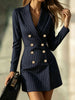 Women Striped Blazer Dress Lapel Double Breasted Long Sleeve Bodycon Mini Dress Elegant Office Work Party Slim Suit Dresses