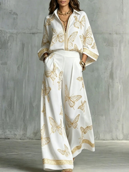 Women Butterfly Print 2 Piece Outfit Shirt Wide Leg Pants Set Golden Trim Lapel Zipper Solid Trousers Holiday Matching Suit