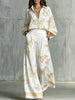 Women Butterfly Print 2 Piece Outfit Shirt Wide Leg Pants Set Golden Trim Lapel Zipper Solid Trousers Holiday Matching Suit