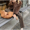 Solid Brown Fluffy Fur Jacket Women's Casual Lapel Loose Long Sleeves Thicken Warm Short Coat Winter Lady Commute Wear