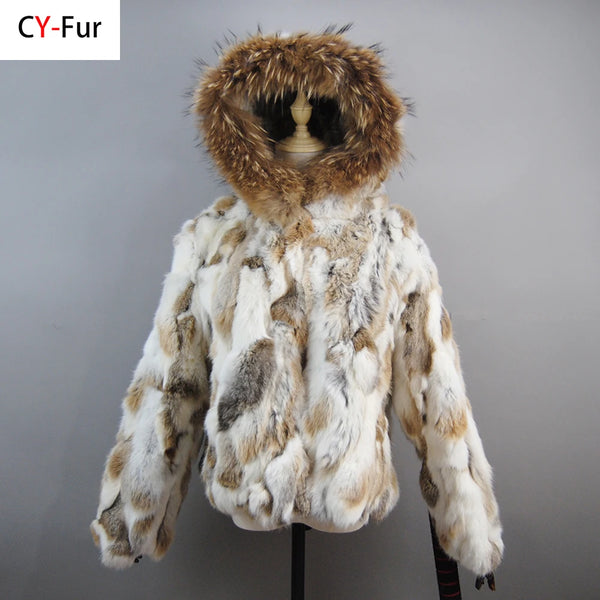 Russian Women Real Rabbit Fur Coats Winter Warm 100% Natural Rabbit Fur Jacket Lady Warm With Raccoon Fur Hooded Outerwear