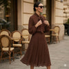 Women's Polka Dot Blouse Skirt Set Spring High Neck Batwing Sleeve Sheer Front Tie Bow Midi A-Line Dress Set