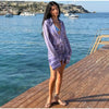 Women Chic Vacation Outfits Striped Print Sheer Chiffon Shirt Casual Turn-down Collar Mini Dress & Detachable Scarf