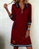 Autumn Winter Versatile Women's Dress Casual Contrasting Color Splicing Lapel Long-sleeved Loose Dress With Pockets