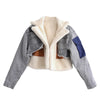 Women Padded Jacket Denim Splicing Jacket Winter Lamb's Wool Liner Thickened Short Section Biker Jacket Cotton Jacket