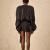 French Style Bubble Sleeve Mini Dress Woman Ruffle Solid Bright Satin Party Dress Spring Tie-up O Neck Pleated Dress