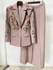 High Street Designer Runway Suit Set Women's 3D Flowers Beaded Blazer Wide Leg Pants Set
