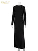 Casual Black Satin Women'S Dress O-Neck Long Sleeve Ankle Length Dresses Elegant Classic Solid Female Dress